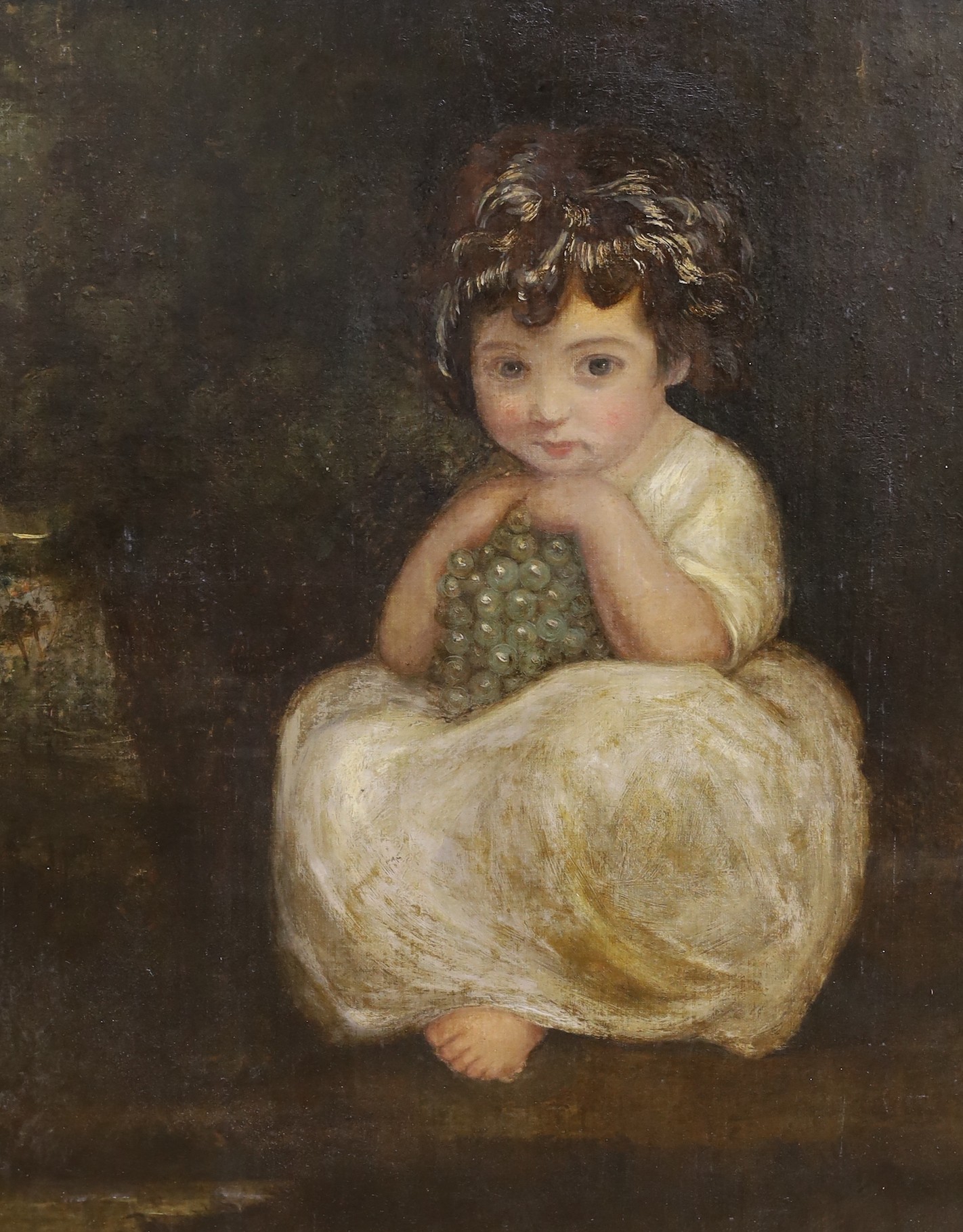 After Sir Joshua Reynolds (1723-1792), oil on canvas, Seated girl with grapes, 77 x 64cm, unframed, together with a mezzotint of the same subject